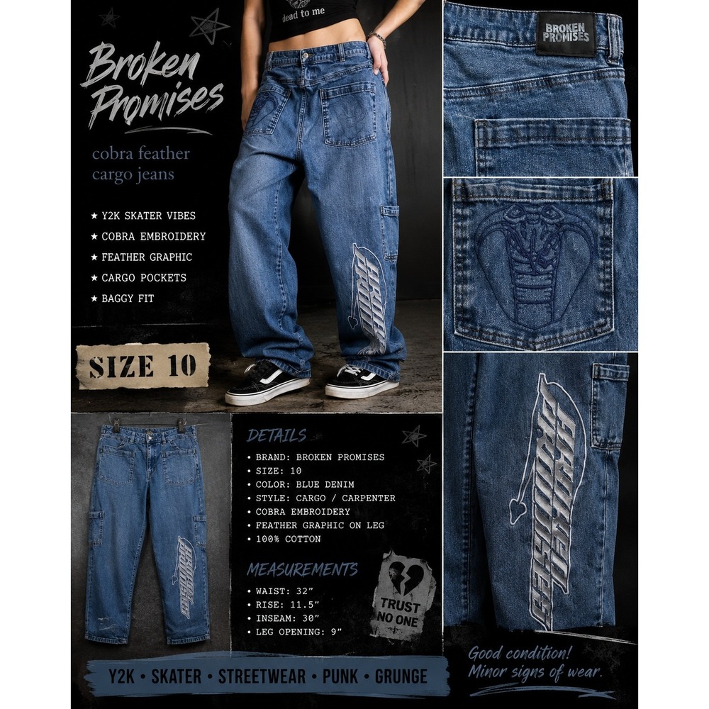 Broken Promises Jeans Size 10 Cobra‎ Feather Cargo Y2K Skater Denim Grunge